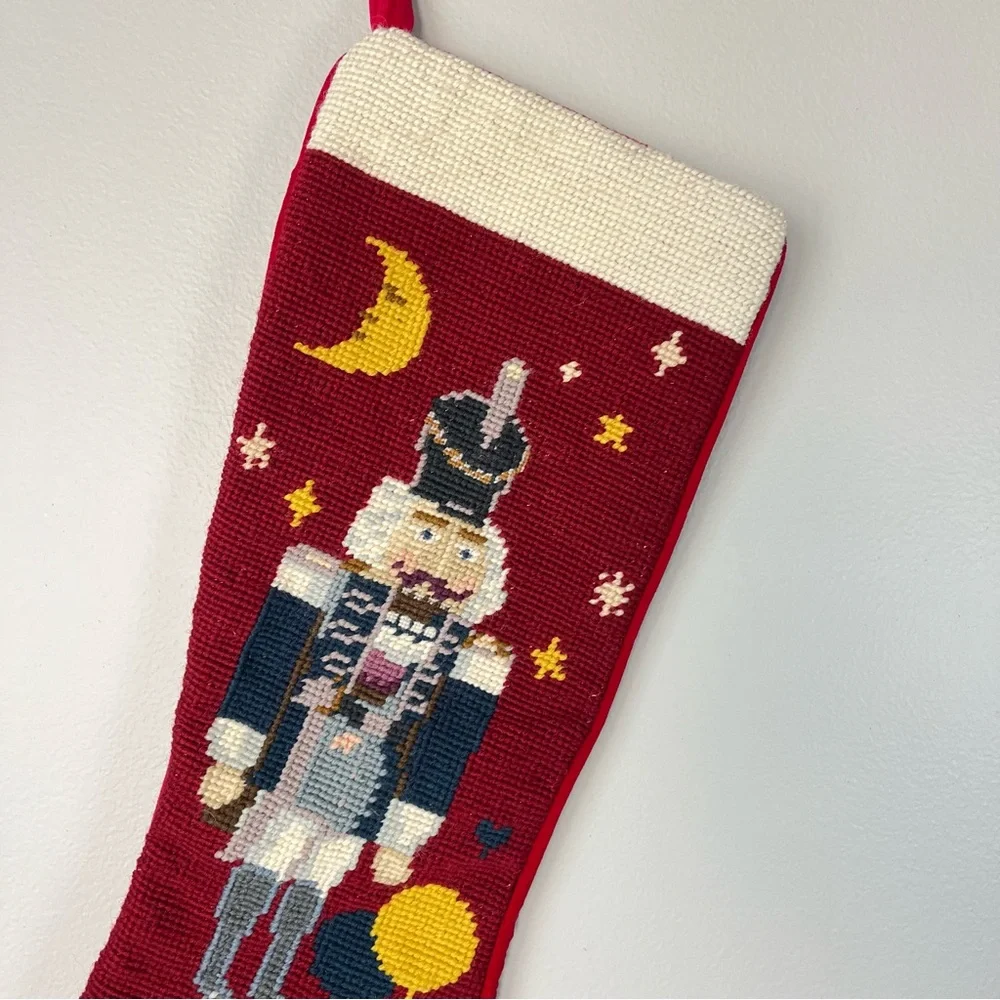 VTG Wool Needlepoint Nutcracker Christmas Stocking Red Velvet Back 20